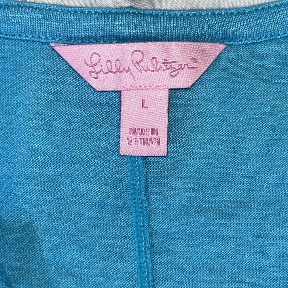 Lilly Pulitzer Large Blue 100% Linen V-Neck Pocket Tee Shirt Short Sleeve Top - Picture 2 of 7